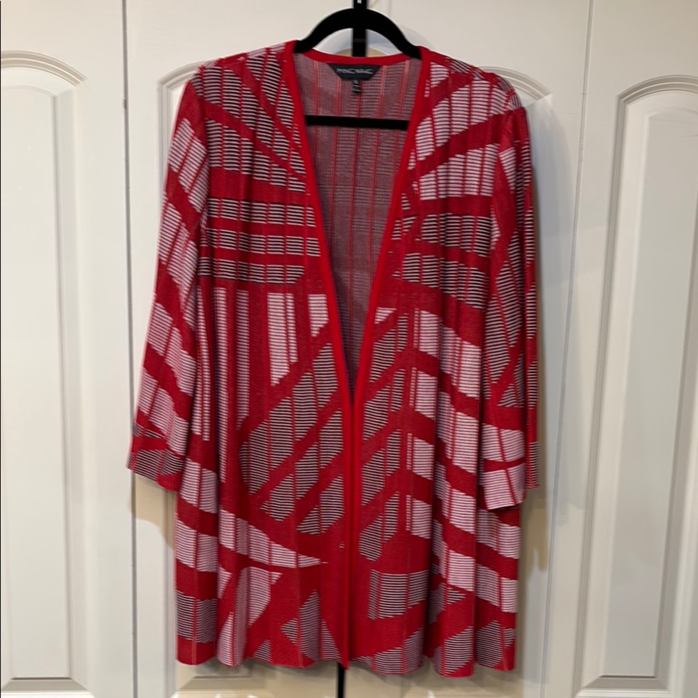 Ming Wang semi sheer black/white/red knit hook and eye closure cardigan size XL
